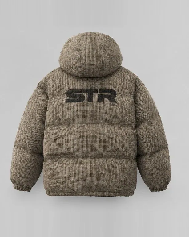 Textured Puffer Jacket — Taupe