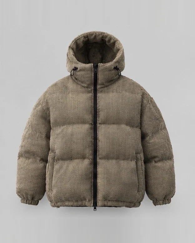 Textured Puffer Jacket — Taupe